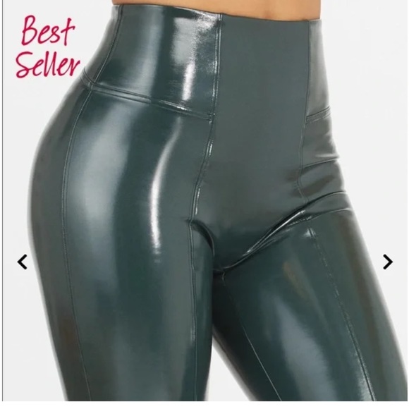 SPANX Faux Patent Leather Leggings Deep Green - Picture 2 of 6